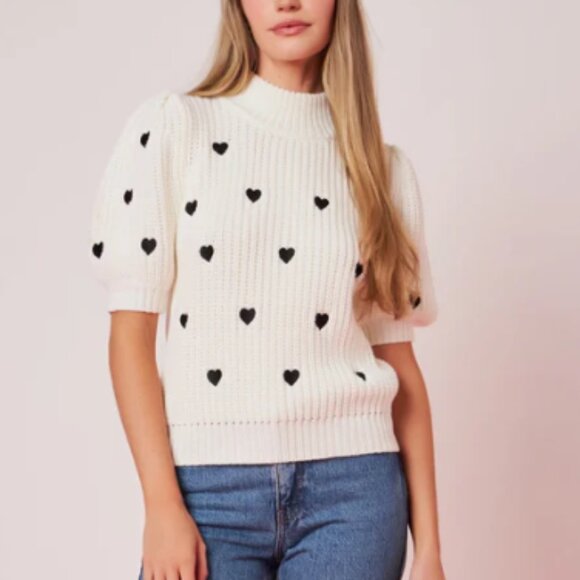 English Factory White/Black Heart Puff Sleeve Sweater - Picture 1 of 8